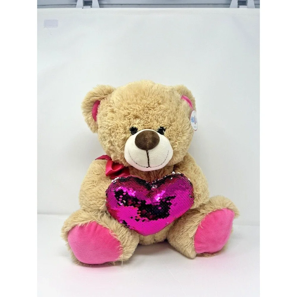 Hug&Luv Brown Bear and Pink Tie Plush Stuffed Toy w/ Heart Reversible Color Gift